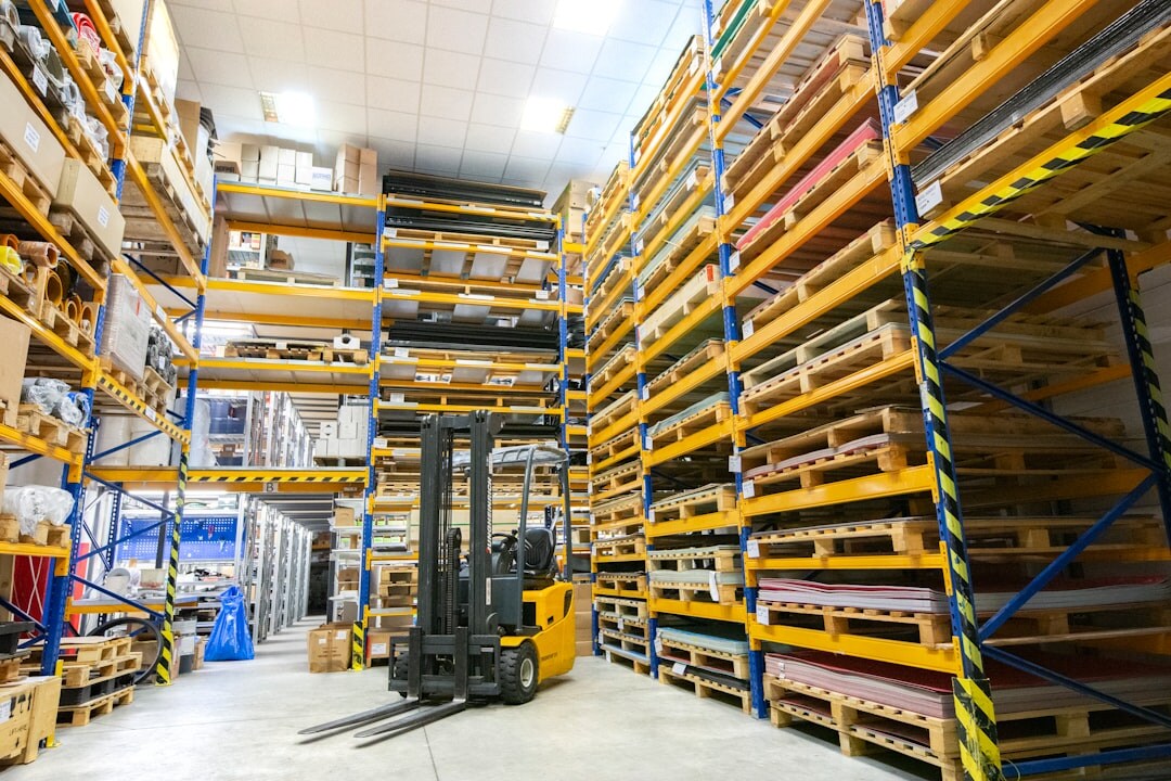 Warehouse logistics center with forklift and containers
