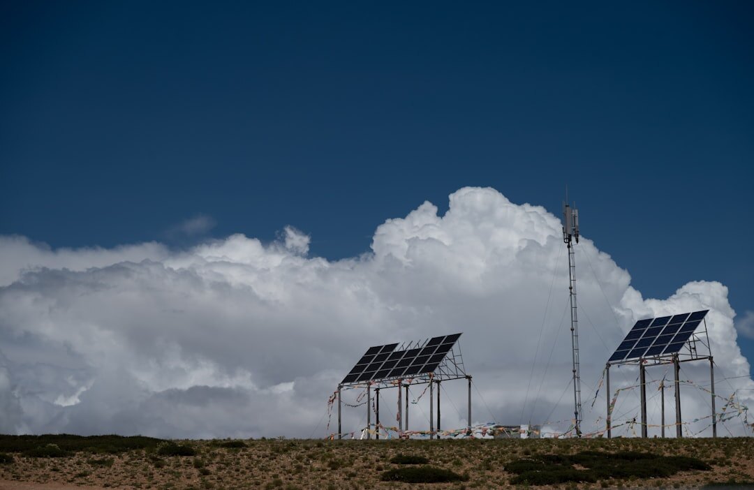 Wind turbines and solar panels renewable energy site