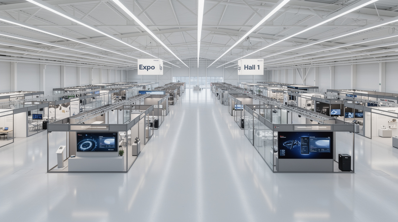 Industrial trade exhibition hall with stands and screens